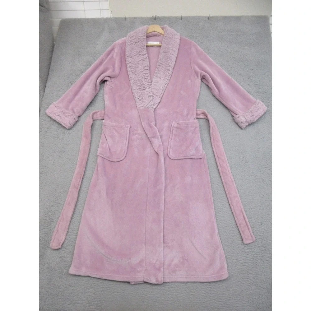Carole Hochman Plush Fleece Robe Womens M Pink Faux Fur Trim Cozy Cottagecore